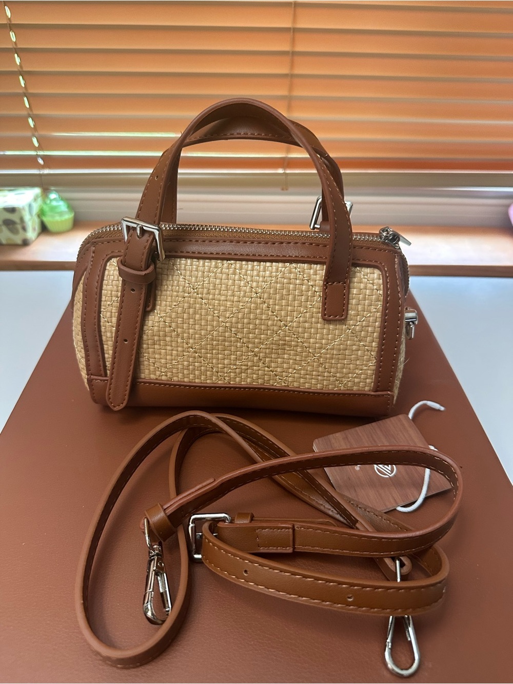 Brown and Natural Woven Mini Satchel Bag